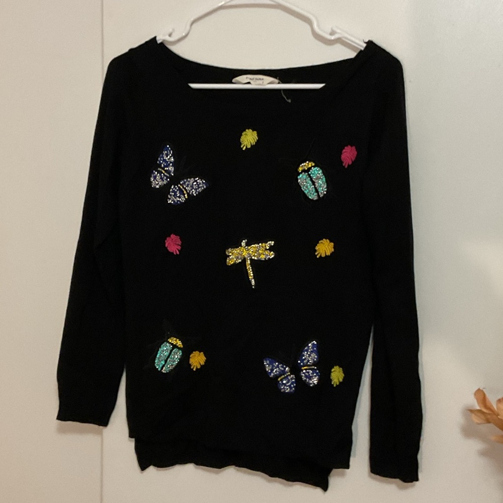 NAF NAF Black Sweater with Colorful Butterfly Design